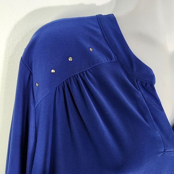 Denim & Co Tunic Top Womens 1X Blue Split V Neck 3/4 Tab Sleeve Studded Detail - Picture 4 of 11